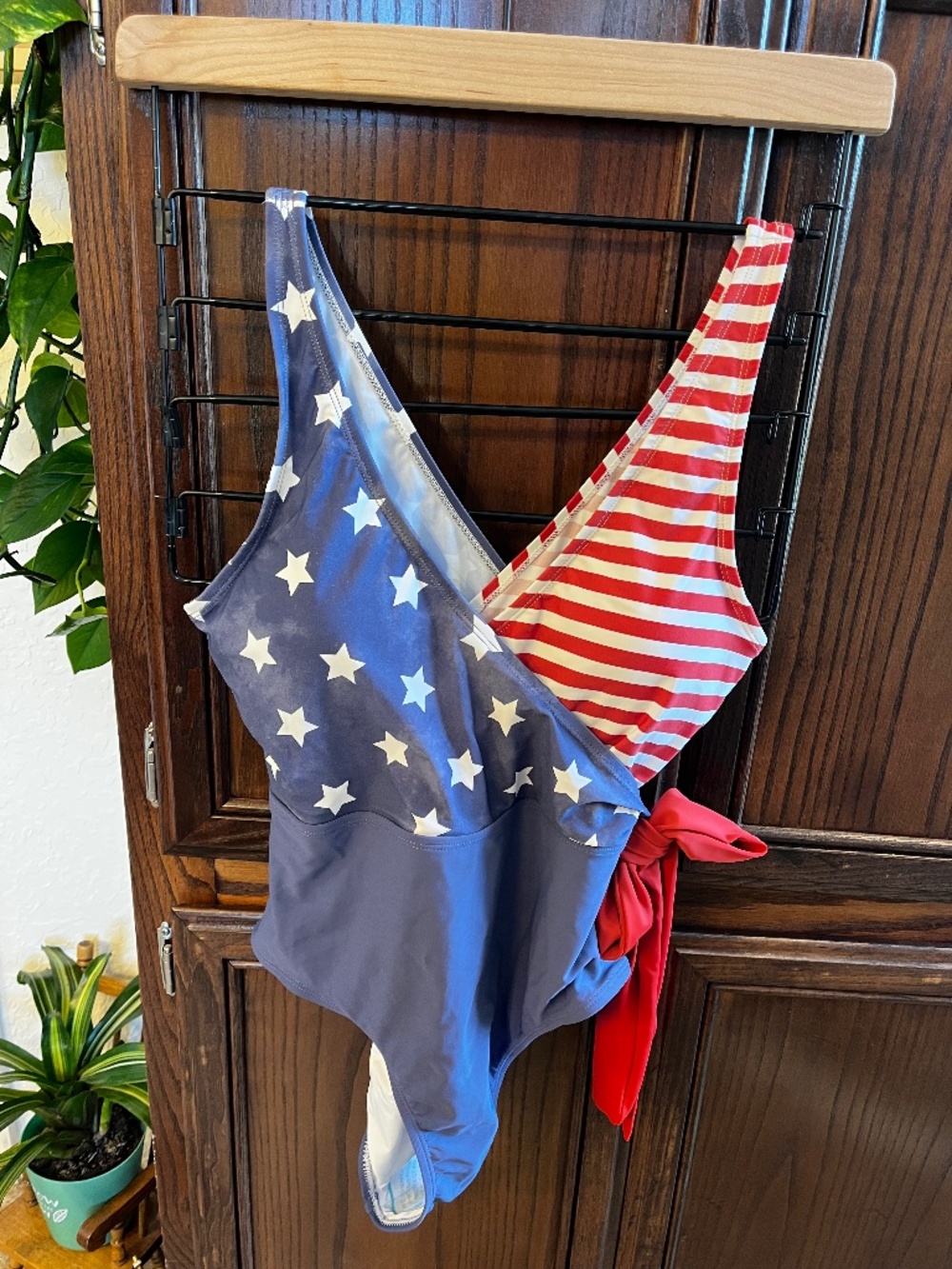 Women’s flag patriotic 4th of July swim suit.